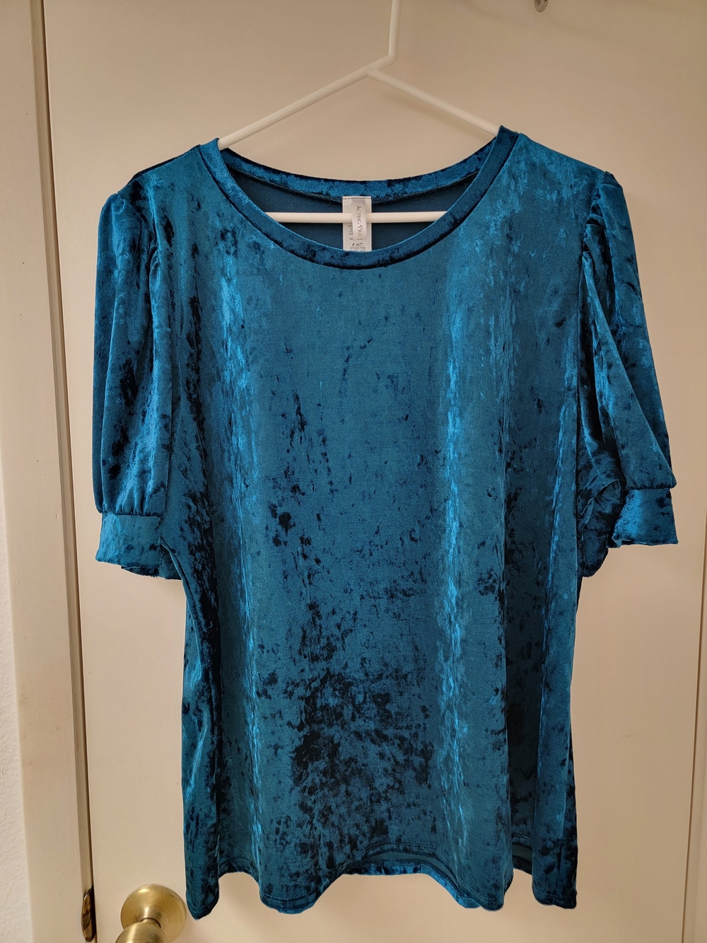 Acting Pro Teal Crushed Velvet Short Puff Sleeve Top